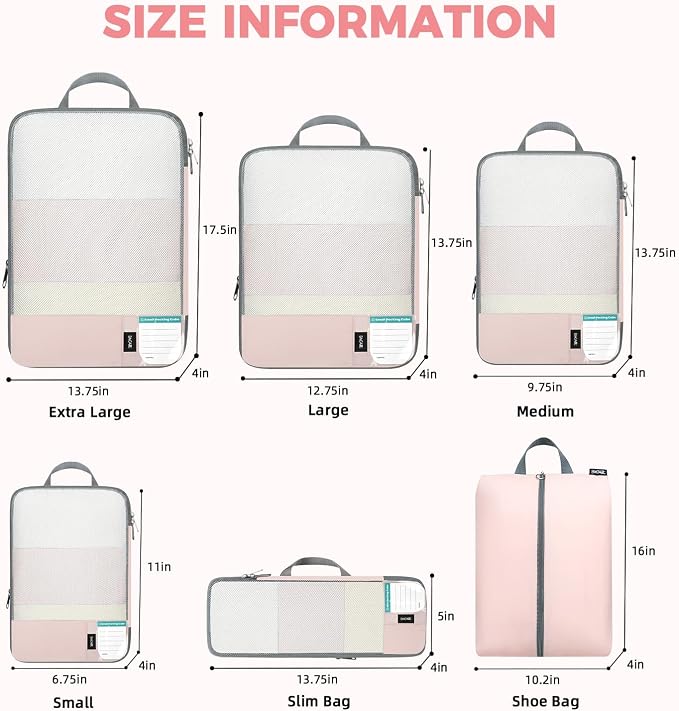 BAGAIL Lightweight Compression Packing Cubes for Travel, 6 Set, Pink | Salis Nylon Fabric,Anti-Tearing,Save Space,SBS Zippers,Packing List,PVC Tag Pocket,Custom Labels,Visible Mesh,Portable Handel