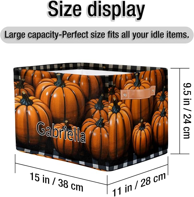 Personalized Storage Bins for Boys, Customized Name Orange Pumpkins Black White Plaid Storage Basket Rectangle Clothes Organizer for Organizing Kids and Pets Toys Shelf Closet
