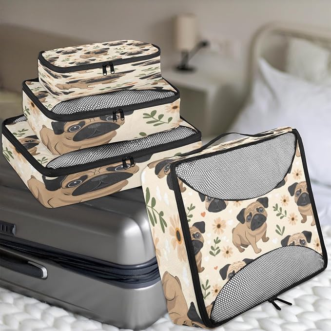 Pug Dog 4 Set Travel Packing Cubes for Accessories, Suitcase Organizers Luggage Bags Set with Double Zippers & Mesh Top