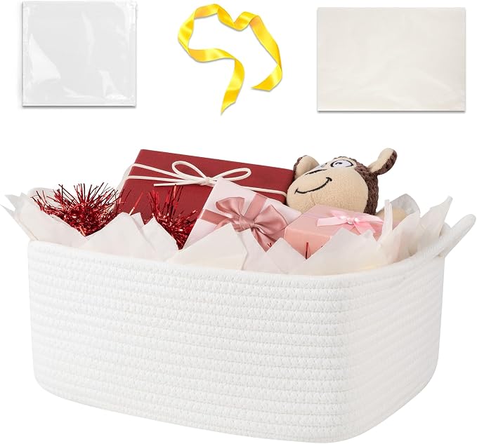 OIASKET Gift Basket Empty with Handle, Small Woven Baskets for Gifts Empty | 13.6"x10"x5.9", Baby Shower Toy Storage Baskets, Dog Toy Storage for Organizing, with Gift Bag Ribbon Tissue Paper