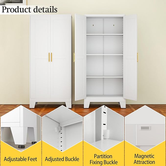 White Metal Storage Cabinet, 61" Kitchen Pantry Cabinets for Office | Steel Kitchen Pantry Storage with Doors and 3 Adjustable Shelves, Metal Tool Cabinet, for Office, Home, Garage, School