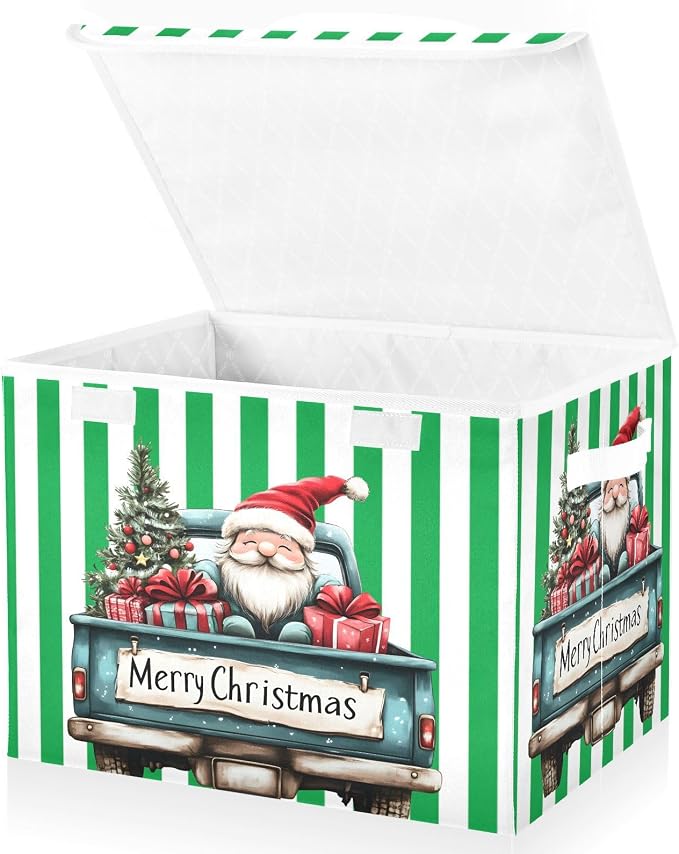 Christmas Truck Fabric Storage Bins with Lid Closet Storage Basket 40L | Foldable & Stackable, Flip Top Dust Guard, Reinforced Handles, Home & Bedroom, Clothes & Toys, Christmas Print Basket