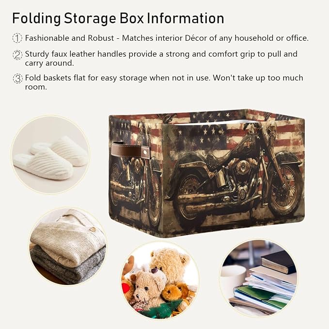 Kigai Motorcycle Flag Storage Basket with Handles Waterproof Collapsible Storage Bin Canvas Fabric Basket Decorative Box Closet Organizer for Nursery Bedroom Office