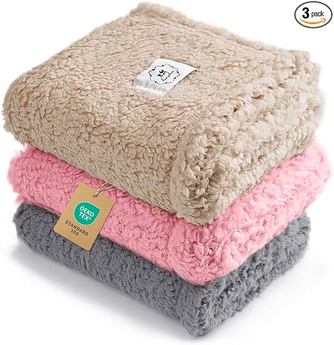 Luciphia 3 Pack Soft Sherpa Fleece Blankets for Dogs Cats Puppies,30"x20" | Fluffy Throw Blanket Washeble for Crate Bed Couch Indoor. Cozy Pet Blanket, Puppy Essentials Dog gift,Beige/Pink/Grey,Medium