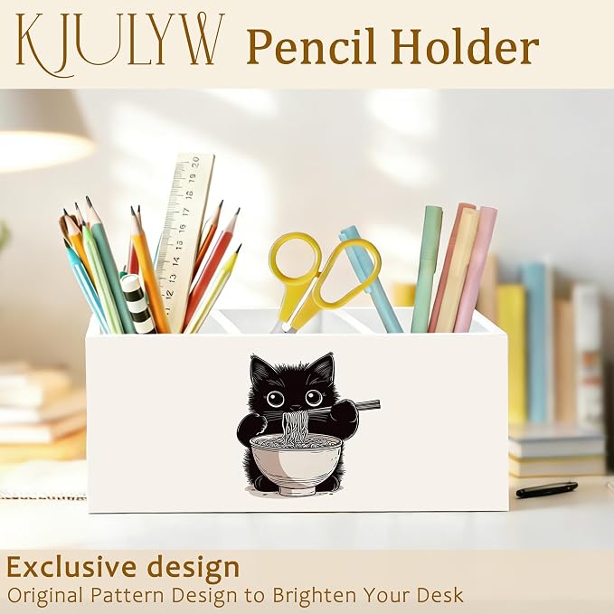 Funny Black Cat Pen Holder for Desk, Cat Lover Mom Dad Gifts, Japanese Ramen Noodles Kitty Wooden Box Pencil Pen Holder Organizer for Home Office Desk Accessories