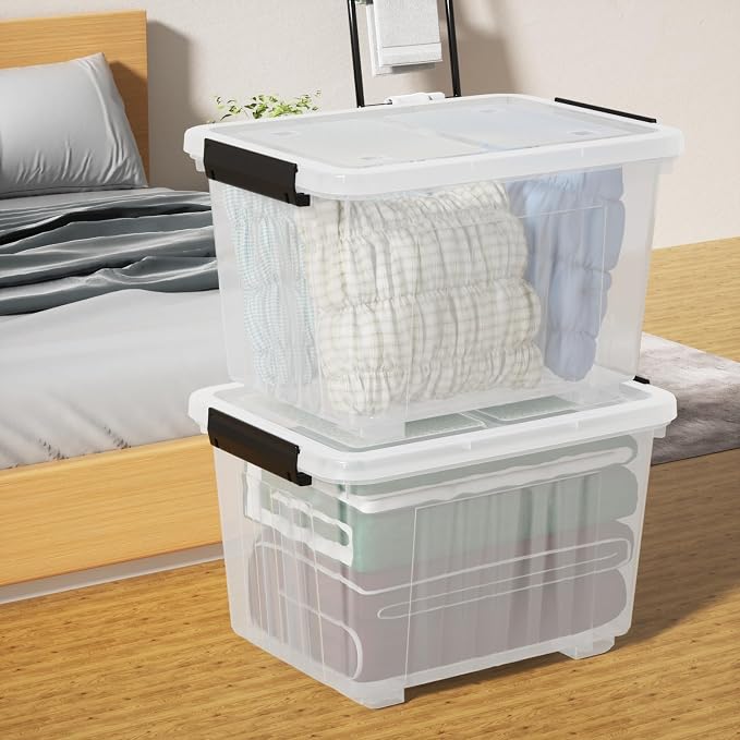 4-Pack 50 Quart Plastic Storage Bin, Stackable Wheeled Box, Clear | Box Organizing Container with Lid and Secure Latching Buckles, Stackable Rolling Storage Boxes, Clear See-Through