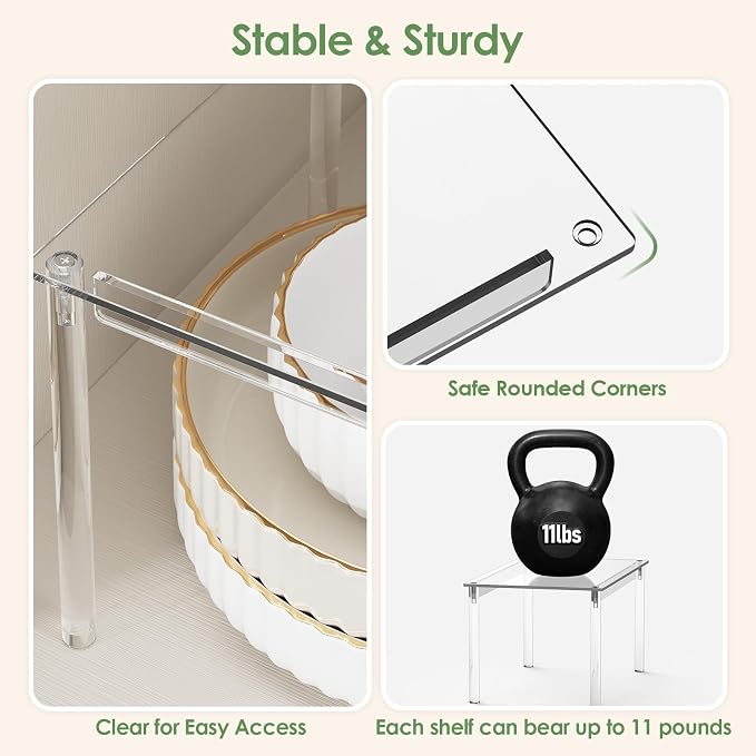 Delamu Cabinet Shelves, Clear Stackable Acrylic Storage Risers with Heavy Duty Support, Cabinet Organizer Shelf for Spices, Seasonings, Jars, Pantry, Kitchen Counter, Easy Assembly
