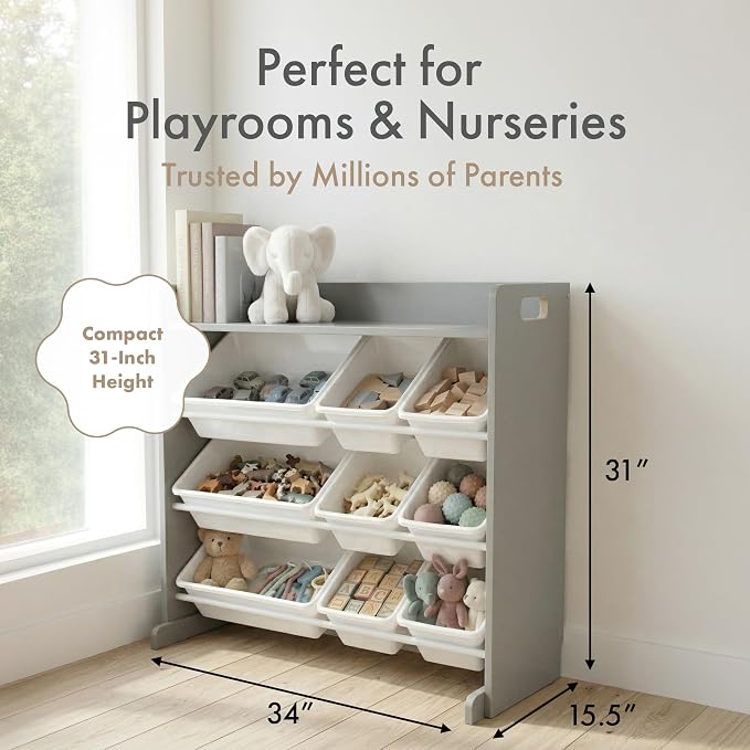 Humble Crew Kids Toy Organizer with Display Shelf, 9 Bins, 3 Tier Storage | Sturdy wood and steel toddler shelf, removable BPA-free containers, wall anchor anti-tip safety kit for bedroom or classroom