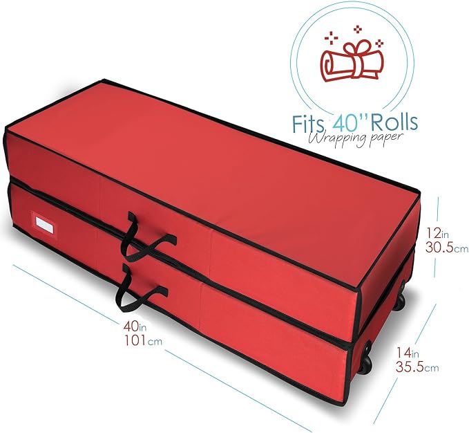 Hearth & Harbor Wrapping Paper Storage Container with Ribbon Dispenser and Interior Pockets - Large Christmas Storage Containers with Wheels, Fits 30 Rolls of 40" Length, Red