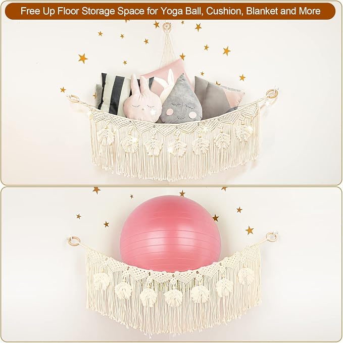 Macrame Stuffed Animal Storage with Star Light, Corner Hammock for Nursery | Corner Hanging Stuffed Animal Net Organizer for Girls' Room, Plushies Toy Wall Hanging Display Holder, Kid Gift