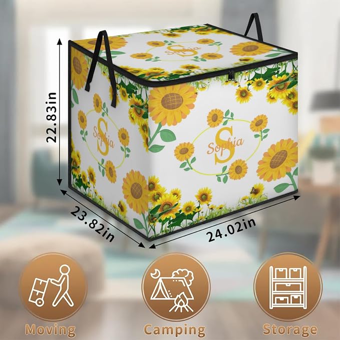Personalized Extra Storage Bins with Lid, Customized Name Initial Letter Jumbo Storage Basket Rectangle Clothes Organizer for Organizing Kids and Pets Toys Shelf Closet, Summer Sunflowers