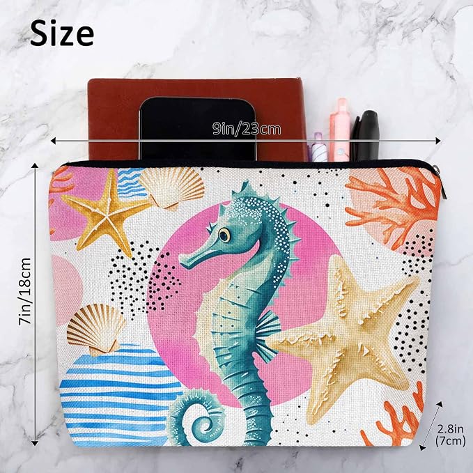 Makeup Bag Seahorse Makeup Bags For Purse Pouch, Sea Animal Coral Reef Seashell Seahorses Travel Toiletry Bag Cosmetic Bag Makeup Bags Flax Makeup Organizer Bag Pencil Pouch For Man Woman