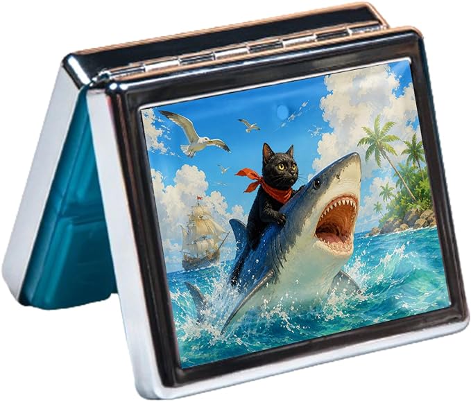 Weekly Pill Organizer with Mirror, 8 Compartments Chrome Pill Box, Portable Travel Medication Organizer for Vitamins and Supplements, Compact Pocket Pill Case for Daily Use (Cute cat)