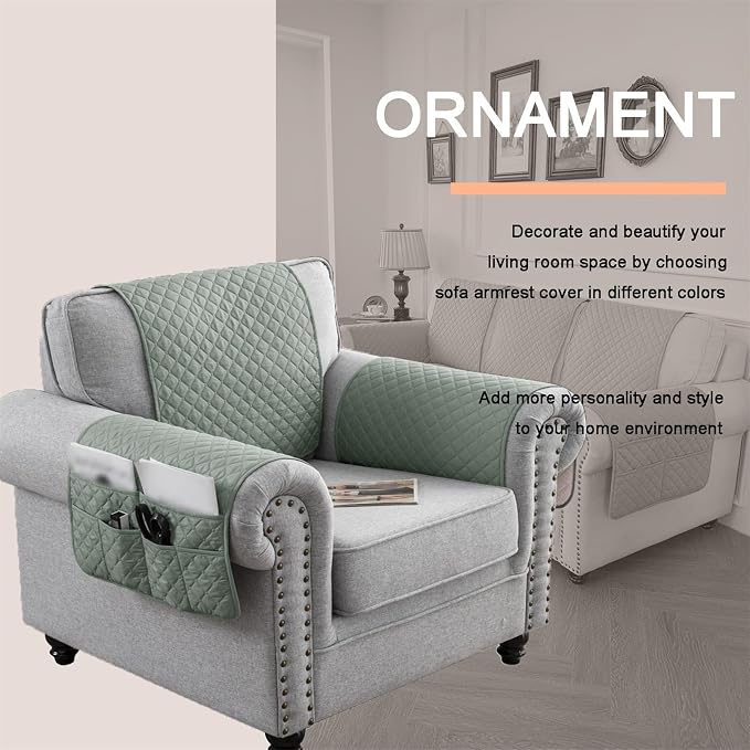 Water-Resistant Sofa Armrest and Headrest Covers with Side Pocket | Keep remotes close quilted polyester helps guard against wear, pet scratches, and kids' messes silicone backing adds grip
