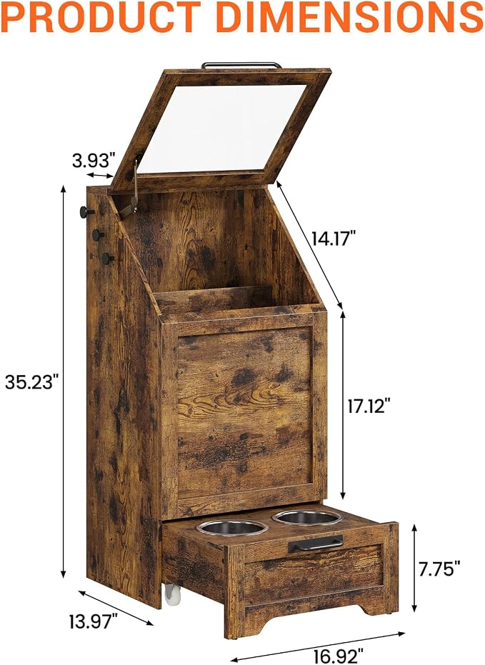 Top Opening Dog Feeding Station, Wooden Dog Food Storage Cabinet with 2 Elevated Dog Bowls, 3 Hooks, Hidden Design, Large Pet Food Storage and Feeding Station for Dogs, Cats, Retro
