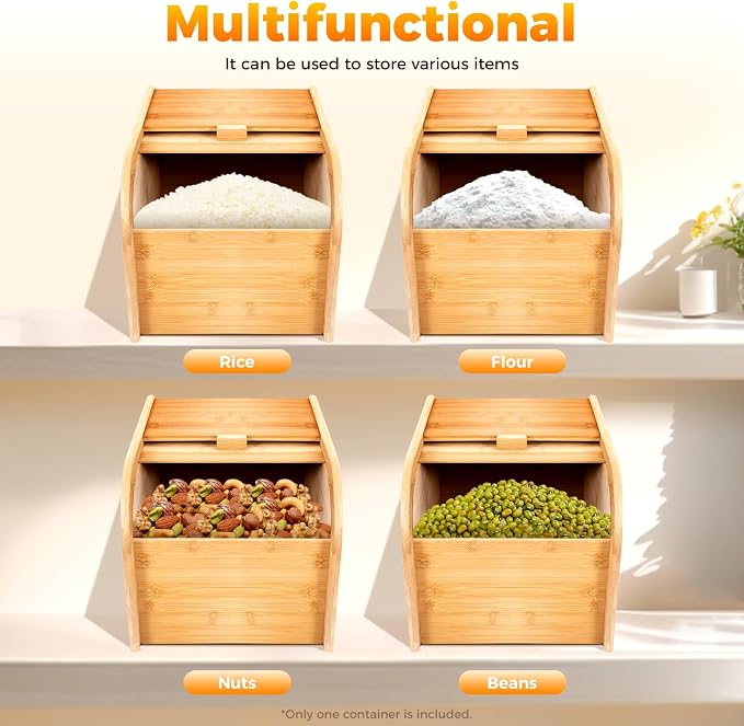 22 lbs Bamboo Rice Storage Container with Sliding Lid & Measuring Cup, Airtight Dry Food Organizer for Kitchen Countertop - Large Capacity Grain Bin for Flour, Nuts, Beans, Pet Food - Natural Wood