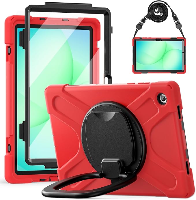 Rugged Protective Case Compatible with Samsung Galaxy Tab A11 Plus/A11 + 11" 2023 SM-X230, Military-Grade Shockproof Cover with 360° Rotating Stand & Built-in Screen Protector (Red)