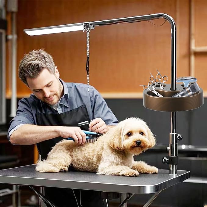 Pet Grooming Organizer for Scissors Brushes and Tools Holder - Portable Rotatable Dog Grooming Table and Arm Stand Tools(Wood Grain Cat Head)