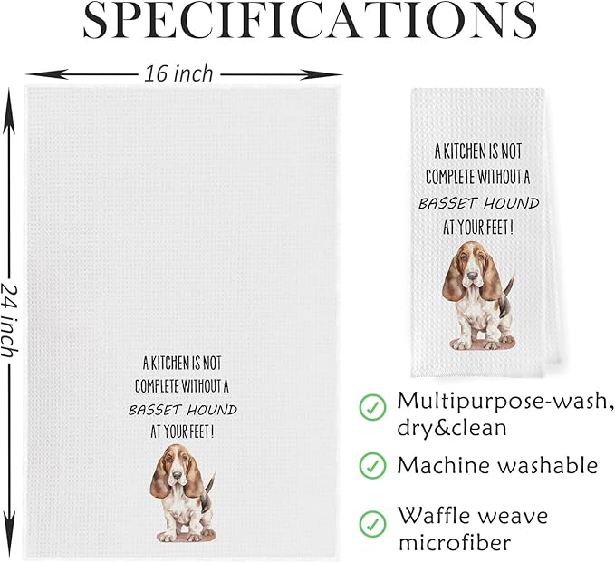 Basset Hound Dish Towels - Funny Basset Hound Decorative Waffle Weave Kitchen Towels, Basset Hound Hand Tea Towels, Basset Hound Gifts, Basset Hound Decor (16×24 Inches)