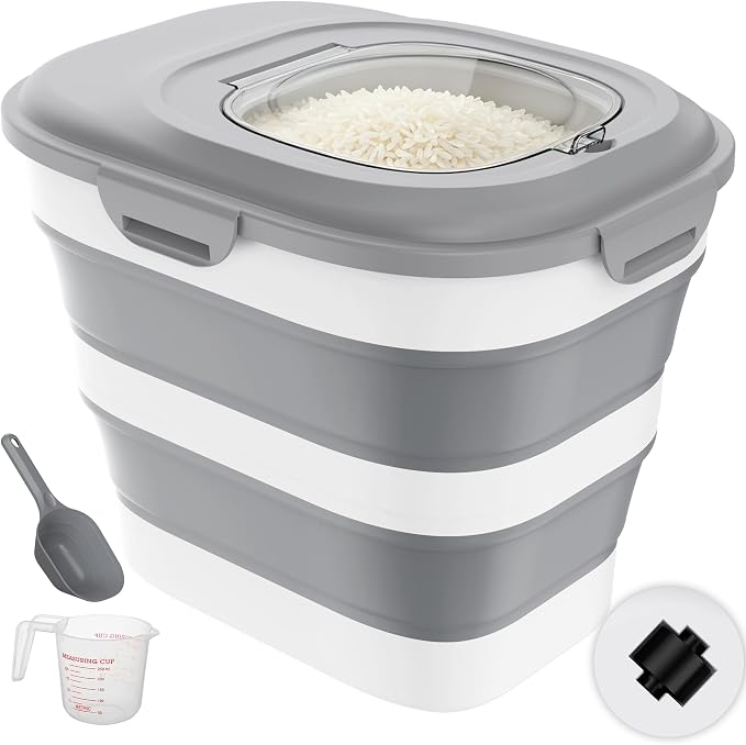 Rice Storage Container, 20 to 50Lbs Collapsible Airtight Rice Container, 30 Lbs Dog Food Storage Container with Wheels, Cup and Scoop, Food Dispenser Bin for Flour, Cereal, Flour, Cat, Bird, Pet