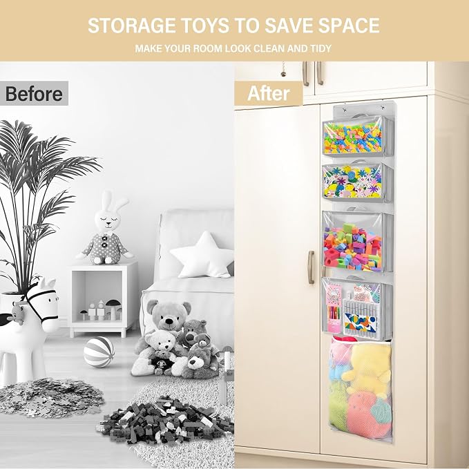 Over Door Toy Organizer, Hanging Stuffed Animal Storage with Removable Bags | Gray Toy Storage Case Behind Door for Block, Puzzle, Bi-Fold Closet Holder Idea with Mesh Pocket, Kid Boy Girl Nursery Room