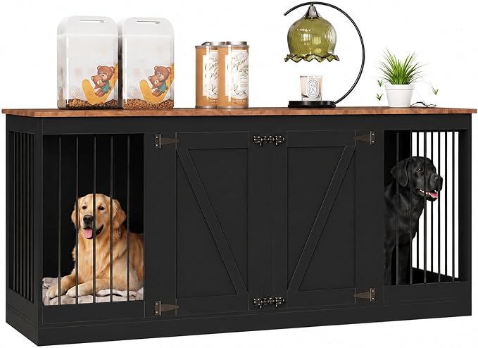 Garvee 70.8" Double Dog Crate Furniture, Farmhouse Dog Crate TV Stand | Heavy Duty Wooden Dog Kennel with Removable Divider & 2 Lockable Doors, Easy Assembly