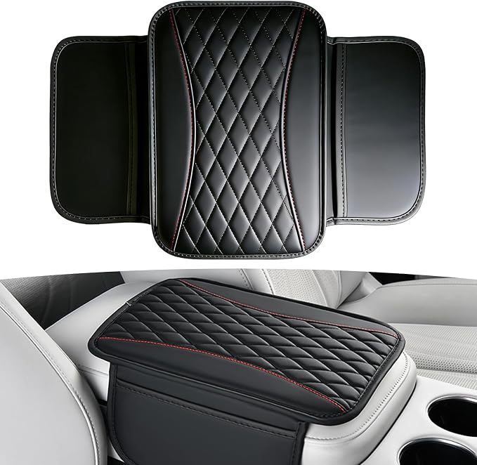 Leather Car Center Console Cover with Side Storage Pockets, Waterproof Armrest Cushion Protector Organizer for Vehicles SUVs, Interior Accessories, Car Decorations Stylish Arm Rest Pad (Black)
