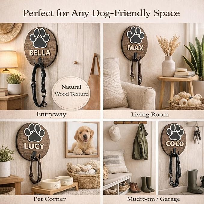 Personalized Dog Leash Holder Wall Mount, Wooden Dog Leash Hanger with 52 Letters, Pet Leash Wall Hook Organizer for Dog Collar & Harness, Paw Design Entryway Home Decor (Single Hook)