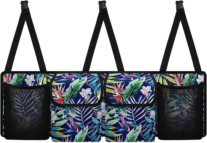 Tropical Leaves Car Trunk Organizer Hanging Car Back Seat Storage Bag with 4 Large Pockets Multipurpose Collapsible Storage Bag Automotive Interior Accessories