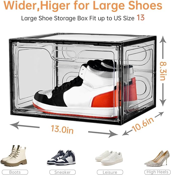 8 Pack Drop Side Shoe Boxes, Large Stackable Shoe Storage, Thick Plastic | Sneaker Storage with Magnetic Door, Shoe Organizer for Closet, Sturdy Shoe Containers, Sneaker display Case Fit up to Size 13
