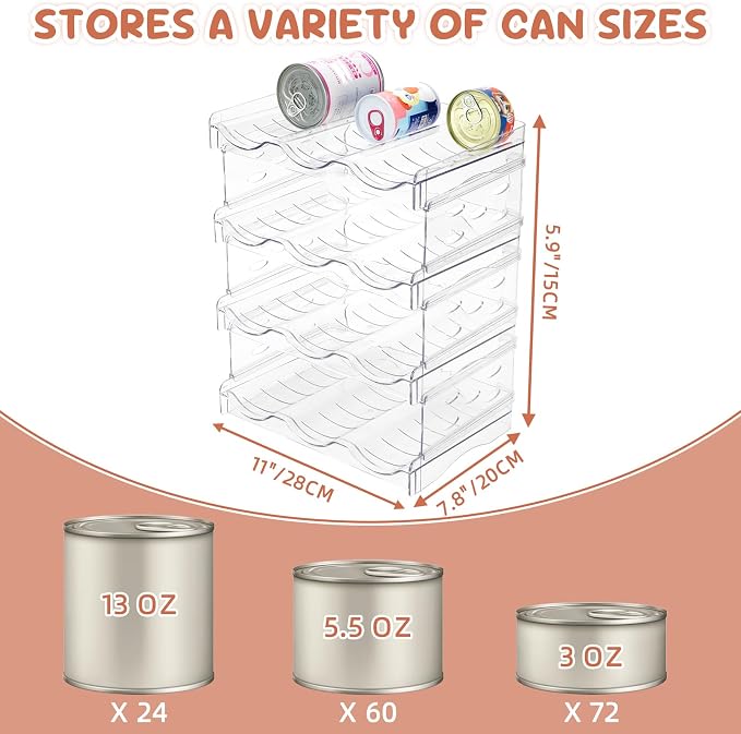 FHTONGE 4-Tier Heavy-Duty Transparent Cat Can Organizer for Multiple Sizes | Wet Cat Food Storage Rack for Pantry Kitchen Cabinet Rridge, Pet Canned Goods Dispenser Shelf Dog Tins Holder Container