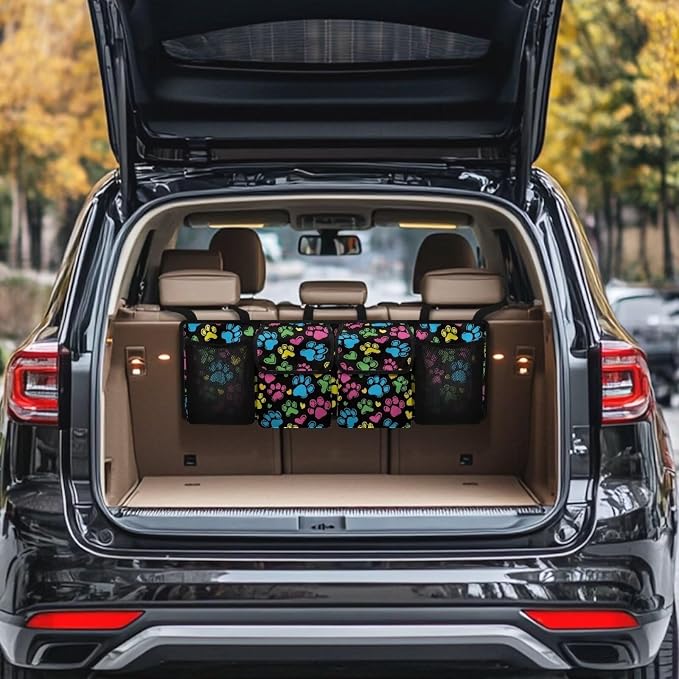Dreaweet Colorful Dog Paw Print Car Trunk Organizer Backseat Hanging Large Storage with Adjustable Straps Car Cargo Trunk Storage Organizer Bag for Truck,SUV,Van