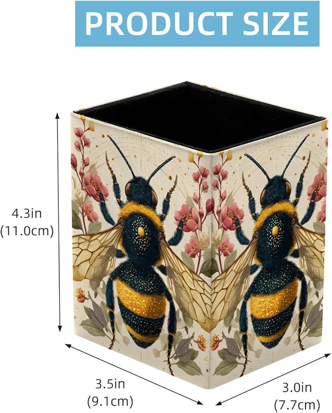 Flower and Bee Pen Holder for Desk Decor, Rectangular PVC Leather Pencil Cup for Desk Pen Organizer, Makeup Brush Holder for School, Home, Office