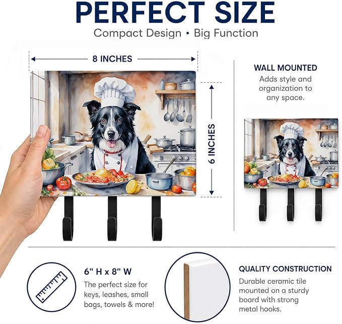 Caroline's Treasures Border Collie The Chef Leash or Key Holder Wall Hooks, Key Hooks Holder, Coat Rack Wall Mount, Coat Hooks, Hooks for Hanging Keys, Towels, Aprons, Leashes | Border Collie The Chef artwork on ceramic tile with three steel hooks for ...