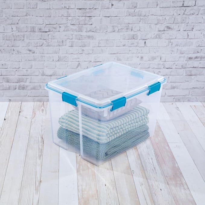 Sterilite Gasket Storage Box with Lids for Home & Office, 80 Quart, 16-Pack | Heavy-Duty, Stackable, and Organizing Containers for Bathroom, Cabinet, Closet, and Garage, Clear and Blue Aquarium Latches