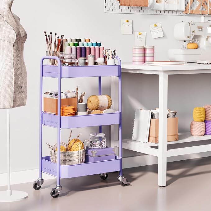 TOOLF 3 Tier Metal Rolling Cart, Utility Storage Cart with Wheels, Purple | Screwless Assembly, Lockable Metal Wheels, Trolley Organizer for Bathroom, Kitchen, Office, Dorm, Laundry, Craft Room