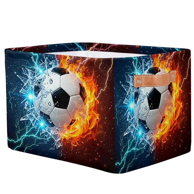 AUUXVA SEULIFE Football Soccer in Fire Water Foldable Storage Basket, Large Collapsible Organizer Storage Bin Cube Toys Storage Boxes with Handles for Bathroom Kids Nursery Closet Storage, 1 Pack