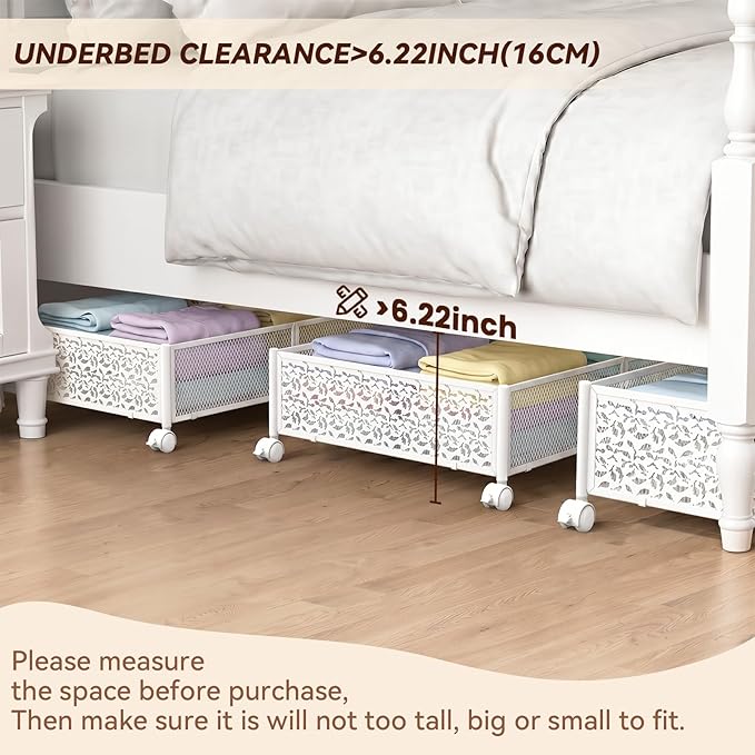 Under Bed Storage with Wheels,Patterned,Sturdy Metal,2 Pack,White | Tool-free assembly, glide smoothly, easy reach, foldable, maxmazie low-profile beds, dorm, keep seasonal clothes, shoes fresh
