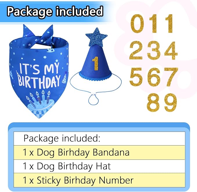 Blue Dog Birthday Party Supplies with Hat Bandana Numbers | Dog Birthday Set for Large Medium Boy Pets Puppy Cats