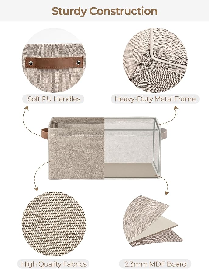 StorageWorks Narrow Storage Bins, Long Baskets, Brown and Beige, 2-Pack | With Metal Frame, Sturdy Structure, PU Handles, Toilet Paper Storage, Small Storage Bins, For Bathroom, Closet, Shelf