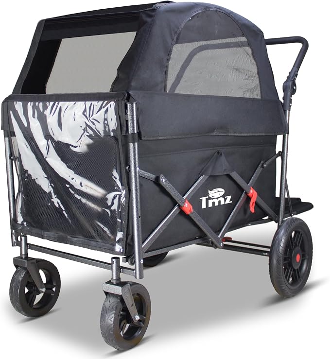 TMZ Collapsible Wagon Cart, Folding Utility Wagon with Breathable Fabric, Canopy, Expandable Storage, Adjustable Handle, Brake, Heavy Duty Cart for Walking & Camping (Black)