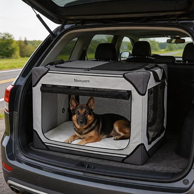 Collapsible Soft Dog Crate 42 Inch, Portable Travel Pet Crate for Extra Large Dogs with 4-Door Mesh, XL Dog Kennel Indoor & Outdoor, Light Grey