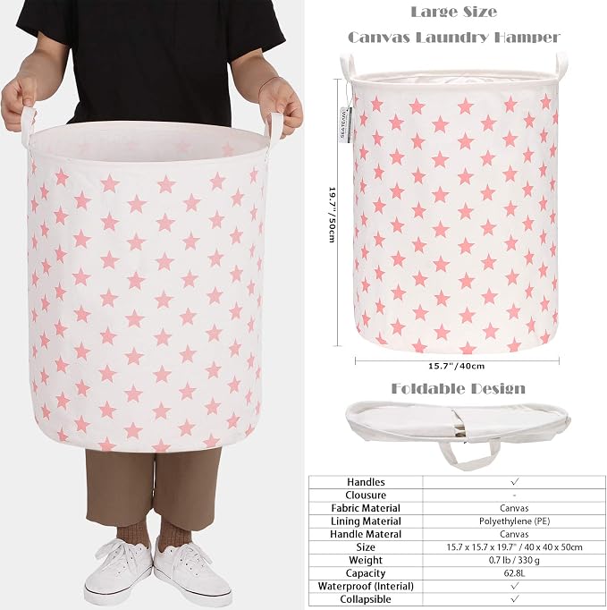 Sea Team Large Canvas Laundry Basket with Handles, Pink Stars | Collapsible Fabric Laundry Hamper, Closet Shelf Organizers, Containers for Clothing, Blankets, Toys, Bedding, 19.7 x 15.7”