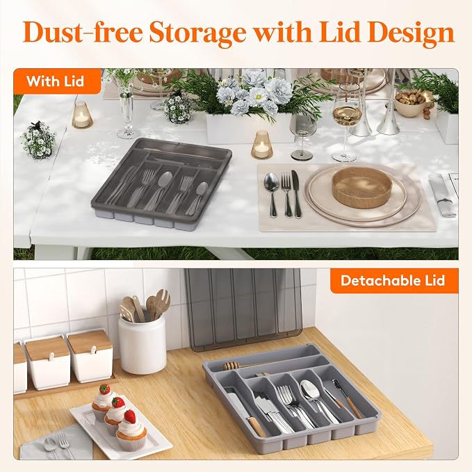Lifewit Silverware Organizer with Lid, Covered Utensil Tray, 11.3x14.4 | Plastic Cutlery Storage Box for Kitchen Drawer and Countertop, Flatware Case Holder for Spoons Forks Knives, Gray