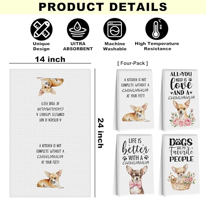 4Pcs Chihuahua Kitchen Towels 24x14 Inch, Chihuahua Gifts for Women Mom, Waffle Weave Kitchen Towel, Dog Decorative Reusable Hand Towels for Bathroom, Gifts for Dog Lovers, 14x24 Inches