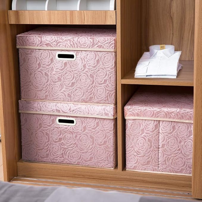 Large Foldable Storage Boxes with Lids [5-Pack] Fabric Decorative Storage Bin Cubes Organizer Containers Baskets with Cover Handles for Bedroom Closet Nursery Pink 17.7x11.8x11.8 Inch