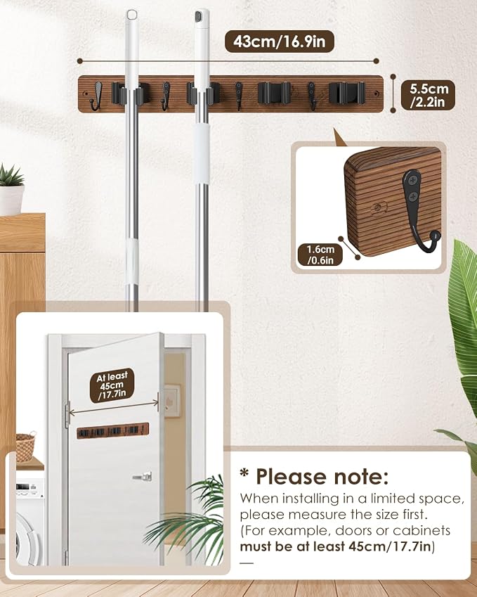Broom Holder Wall Mount, 4 Holders 4 Hooks Mop and Broom Organizer | Mop Holder Wall Mount and Broom Hanger for Garage, Laundry Room, Kitchen and Utility Storage