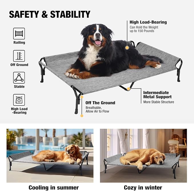 Veehoo Cooling Elevated Dog Bed, Raised Dog Cot with Guardrail & Headrest | Washable Dog Couch Bed for Indoor & Outdoor, Durable Breathable Teslin Mesh, Non-Slip Feet, XX Large, 63" x 37", Black Silver