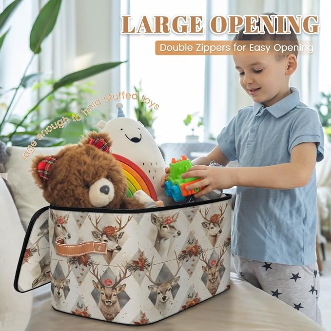 Deer Flower Storage Box with Zipper Lid