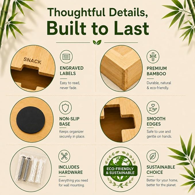 Bamboo Storage Bag Organizer for Drawer | 4-in-1 Baggie Organizer, Kitchen Drawer, Wall Mount & Countertop, Gallon, Quart, Sandwich & Snack, Engraved Labels